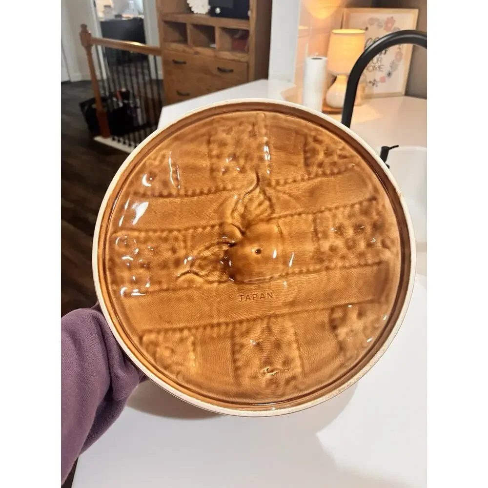 Vintage Ceramic Covered Cherry Pie Lattice Plate and Lid Japan trompe l'oeil 50s